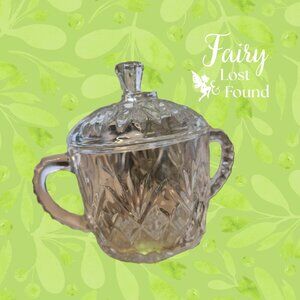 Vintage Pressed Clear Glass Sugar Bowl with Lid & Handles